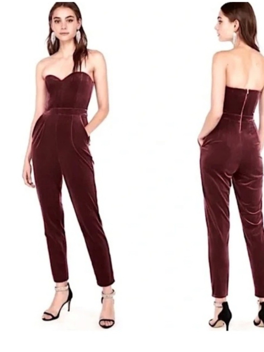 Express Size 12 Maroon Velvet Strapless Jumpsuit Pant Romper W/Pockets
